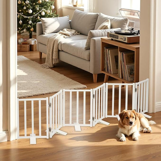 Snagle Paw Short Dog Gate,16.5" Tall Freestanding Metal Dog Gate Only for Small Dogs with Support Feet Easily Step Over,Up to 72" Wide Puppy Gate Indoor for Stairs,Doorways(White,6 Panel)
