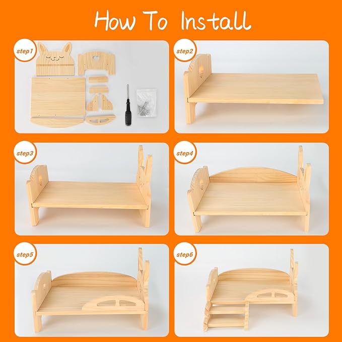 BWOGUE Wooden Guinea Pig Bed with Stairs and Mat, Washable Soft Fleece Small Animal Bed Guinea Pig Platform Bed for Hamsters Dwarf Rabbits Chinchilla Squirrel Hedgehog Habitat