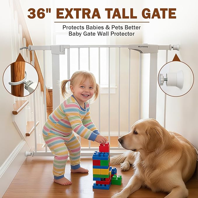 Mumeasy 36" High Extra Tall Dog Gate, 29.6"-40.5" Wide Pressure Mounted Tall Baby Gate for Dog, Auto Close Pet Gate with Door for Stairs,Doorways,House,White