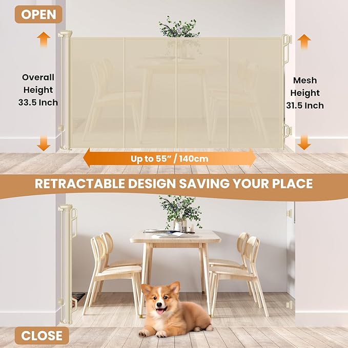 SPACEANY Reinforced Retractable Baby Gate or Mesh Dog Gate,Easy to Use for Stairs, Doorways, Hallways, Indoor, Outdoor, Wide Pet Gate 33.5" Tall, Extends to 55" Wide, Cream