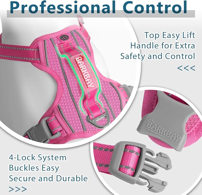 BARKBAY Dog Harness No Pull with ID Tag Pocket - Heavy Duty, Reflective, Easy Control for Large Dogs(Pink,XL)