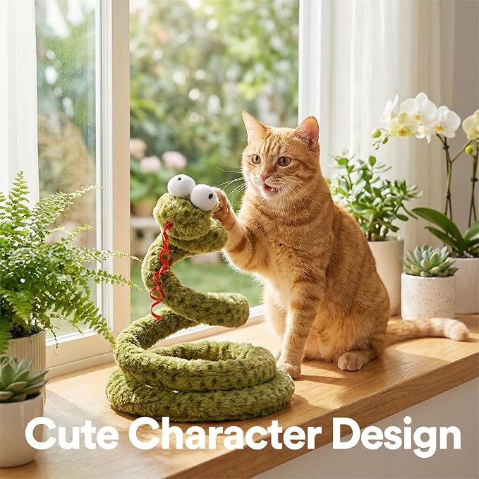 ZEZE Forest Snake Spring Interactive Cat Toy with Scratch Base, Bouncy Spiral Plush Teaser with Crinkle Sound & Ribbon, Self-Play Boredom Relief for Indoor Cats - Image 7