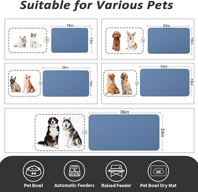 HotLive Dog Food Mat - Absorbent Cat Mat for Food and Water, No Stains Pet Feeding Bowl Mat, Easy to Clean Pet Placemats, Quick Dry Dog Water Dispenser Mat for Messy Drinkers | Blue 18"x28"