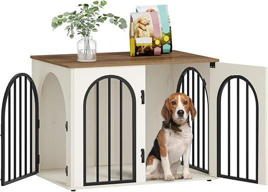 Hzuaneri 31.5'' Wooden Dog Crate Furniture, Indoor Dog Kennel Dogs Cage for Small/Medium Dogs, Heavy Duty Dog Crates Decorative Pet House End Side Table TV Stand, White Brown DFC85114B