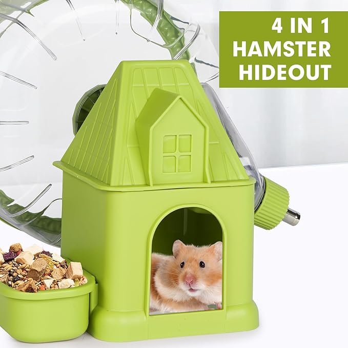 Hamster Toys 4 in 1 Multifunctional Super-Silent Exercise Toys Spinner Wheels with Water Bottle Food Container and Hideout Base Large Spinning Running Wheel for Rat Gerbils Mice (L,Green)