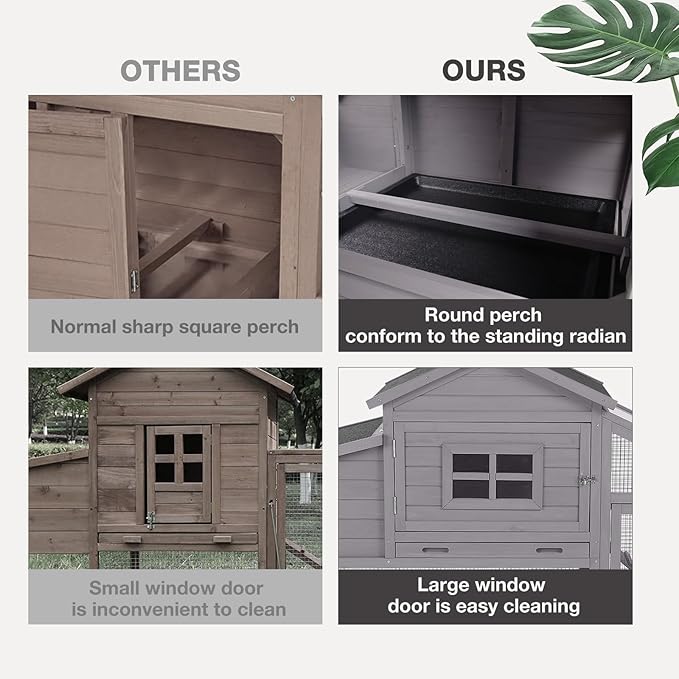 Wooden Chicken Coop with Run, Mobile Chicken House with Wheels, Outdoor Hen Poultry Cage with Leak-Proof Tray and Nesting Box, Lager Chicken Coops with UV-Resistant Roof for 2-3 Chickens (Grey)