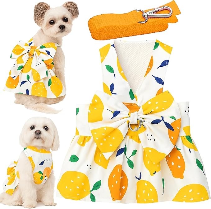 Dog Dress Bowknot Harness Leash Set for Small Girl Dogs Yellow Lemon Dog Cat Clothes Cute Puppy Outfits Pet Clothes Spring Summer Breathable Dresses(Large)