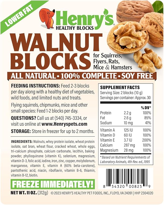 Henry's Walnut Blocks - Nutritionally Complete Food for Squirrels, Flying Squirrels, and Chipmunks, 11 Ounces