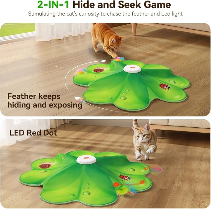 FEELNEEDY Rechargeable Cat Toys, 2 in 1 Hide and Seek Game Interactive Cat Toy, Movable LED Red Dot, Moving Concealed Feathers, Durable Exercise Toys for Indoor Cats, Bored Adult Cats Wand Toy - Image 2