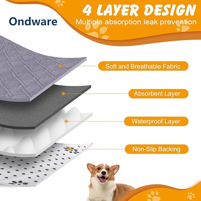 24x18 in Washable Pee Pads for Dogs,2 Pack Reusable Puppy Pads,Waterproof Non-Slip Pet Pee Pads ,4 Layer Design Pet Training Pads for Dogs, Cats, Bunny(Grey