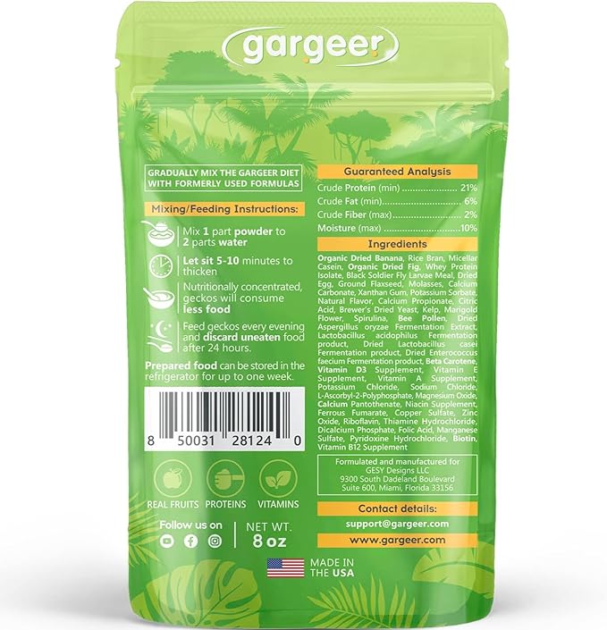 Gargeer 8oz Complete Crested Gecko Food Diet. Premium Ingredients Mix, Ready to Use Freshly Made Powder. Unique Superfood Formula, Developed & Made in The USA. Enjoy!