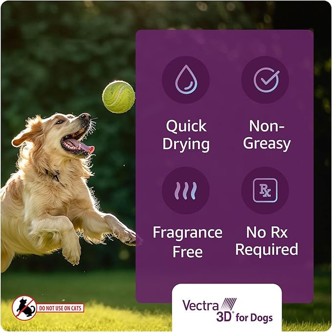 Vectra 3D Flea and Tick Prevention for Dogs, Kills and Repels Fleas, Ticks & Mosquitoes | Fast‑Acting, Waterproof, No Prescription Needed | Large Dogs 56–95 lbs, 6‑Month Supply
