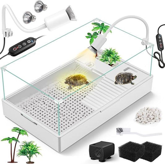MoonOrange Large Turtle Tank Kit(Tank + Light + Water Pump), Acrylic Turtle Tank Starter Kit with Upgrade Rain Shower Head, Adjustable 5W Water Pump, Higher Fences and Multi-Function Area. (L-Kit)