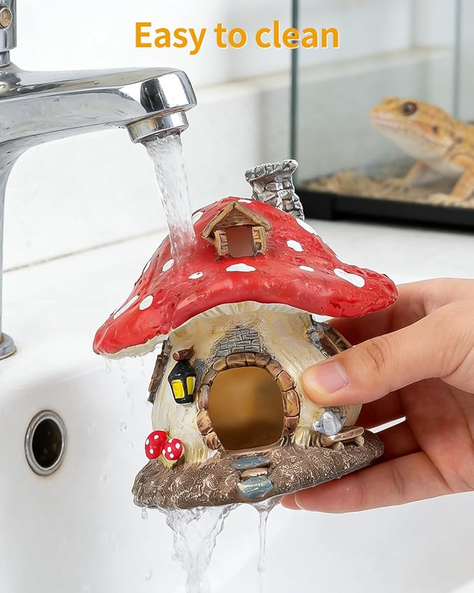 Uniclife Reptile Decoration, Mushroom House for Reptiles, Realistic Resin Terrarium Mushroom Cottage Decorations, Tortoise Decor Tank Accessories for Turtle, Gecko, Lizard & Bearded Dragon