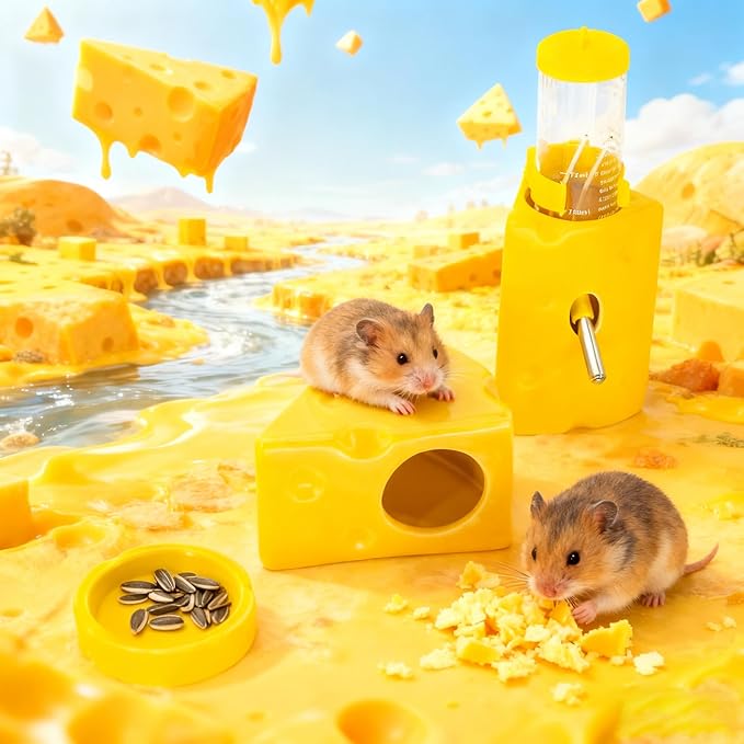 Ceramic Hamster Habitat Set, 3-Piece Cute Cheese Design – Water Bottle (3.9oz), Food Bowl & Cooling Hideout House for Dwarf Hamsters, Gerbils, and Small Pets – Easy to Clean & Chew-Resistant