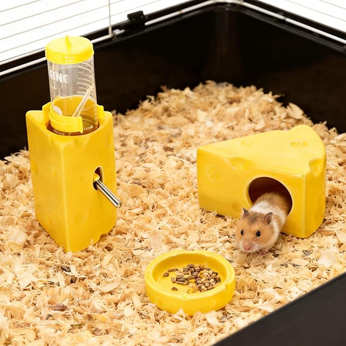 Ceramic Hamster Habitat Set, 3-Piece Cute Cheese Design – Water Bottle (3.9oz), Food Bowl & Cooling Hideout House for Dwarf Hamsters, Gerbils, and Small Pets – Easy to Clean & Chew-Resistant