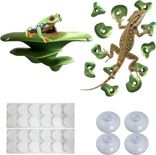 Mushroom Terrarium Decor & Climbing Hold Kit,with 12 Rock Holds, Suction Cups & Adhesive Dots for Geckos, Frogs, Small Lizards & Snakes in Dry/Semi-Moist Habitats (Lime Green)