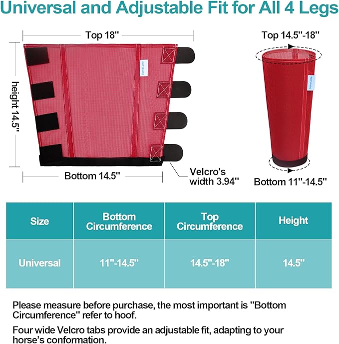 Mesh Horse Fly Boots Set of 4, Loose Fitting Leggings for Horses, Reduce Stressful Stomping, Breathable Adjustable and Universal Fit for 4 Legs, Reliable Stay Put (Red)