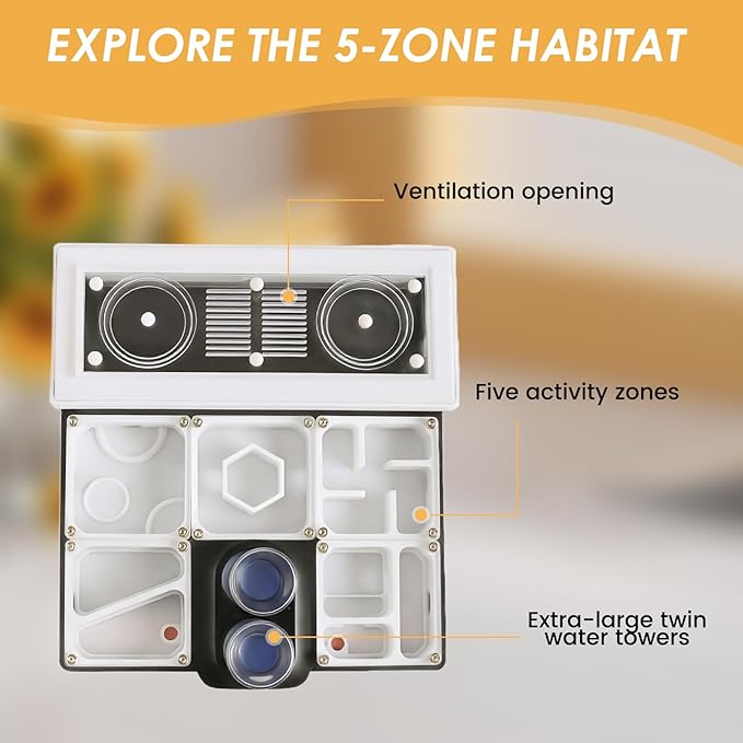 Ant Farm Nest - Educational Habitat - Black and White Acrylic Design with Built-in Water Tower and Clear Observation Area (L)