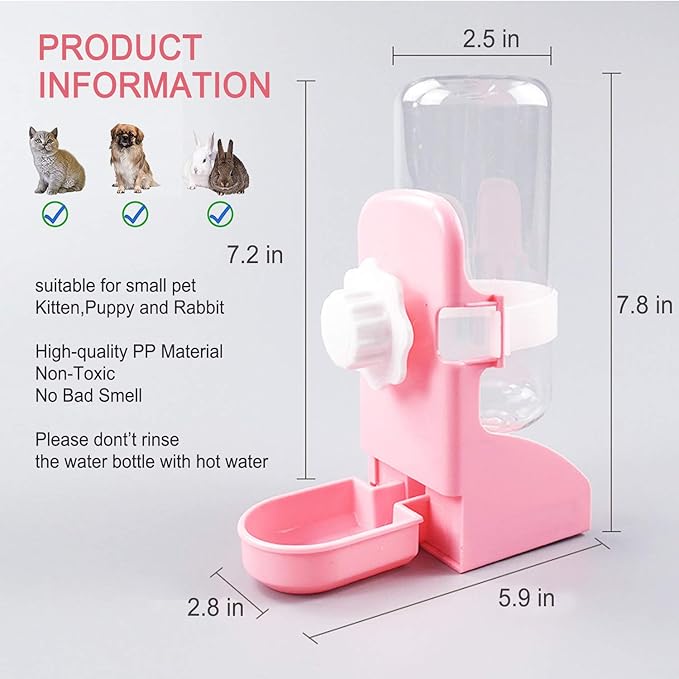 HERCOCCI Rabbit Hay Food Bin Feeder and Bunny Water Bottle Set, Hay Food Feeder Bowls Manger Rack with 500ml Hanging Water Dispenser Prevent Knock Over for Rabbit Guinea Pig Chinchilla (Large, Pink)