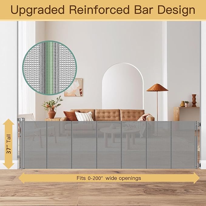 Reinforced 200 Inch Extra Long Baby Gate For Large Opening to Prevent Crawling Under, 16 ft Retractable Dog Gate for Doorway Extra Wide, Outdoor/Indoor Retractable Baby Fence to Separate Playroom,Gray