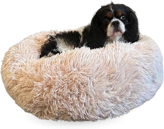 Active Pets Premium Small Donut Dog Bed, Fits Up to 45 lbs, Removable Cover & Washable Cushion, Plush Long Pile Faux Fur Fabric, Portable Beige Pet Bed Furniture for Puppies Adult Canines & Cats