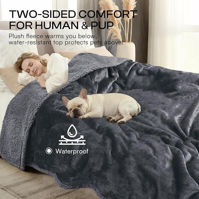 Luciphia Waterproof Pet Blankets, Liquid Pee Proof Dog Blanket for Sofa Bed Couch, Reversible Sherpa Fleece Furniture Protector Cover for Small Medium Large Dogs Cats, Dark Gray King Size（100" x 85"）
