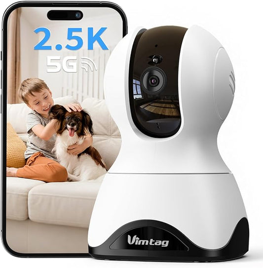 VIMTAG 4MP Pan/Tilt Indoor Camera for Pet/Dog/Cat/Baby/Nanny, Wired Security Camera for Home with Phone App, Motion Tracking, Night Vision, 2-Way Audio, AI Detection, 5GHz/2.4GHz WiFi, Works w/Alexa