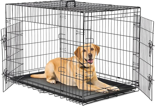 DUMOS Dog Crate, 42 Inch Large Double Door Dog Cage with Plastic Leak-Proof Pan Tray, Folding Medium Size Metal Wire Pet Kennel for Indoor, Outdoor, Travel