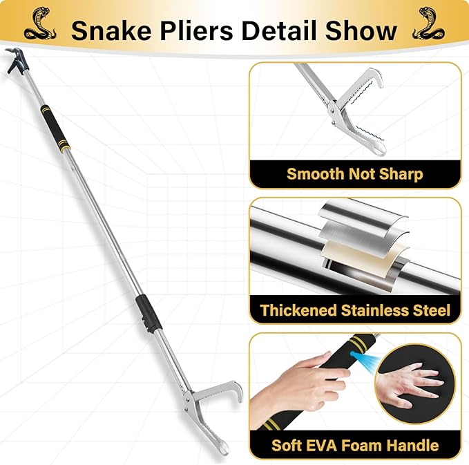 Snake Grabber Tool, 69" Snake Tongs Grabber for Rattlesnake Heavy Duty Professional Folding Snake Feeding Tongs Wide Jaw Snake Handling Tool Long Hndle Stainless Steel Tube