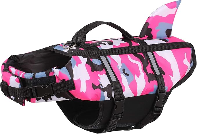 Queenmore Dog Life Jacket Pet Safety Vest High Buoyancy Camouflage Color Cute Shark with Strong Rescue Handle and Leash Ring for Boating, Canoeing, Surfing, Hunting, Pink M