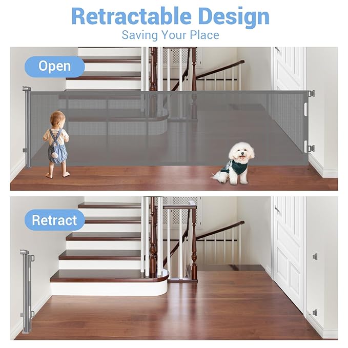 HAMOPY 120 Inch Reinforced Strip Extra Wide Retractable Baby Gate, 33" Tall, Prevent Crawling Through, Wide Extra Long Child Safety Gate for Indoor Baby Fence, Outdoor, Stairs, Deck(Grey)