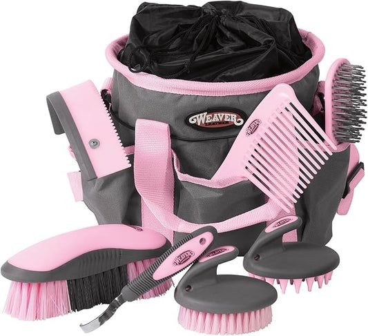 Weaver Equine Horse Grooming Kit, 7-Piece Horse Brush Set with Organizer Tote Bag, Hoof Pick, Comb, Sweat Scraper, Equine Tools for Daily Grooming, Gray/Pink