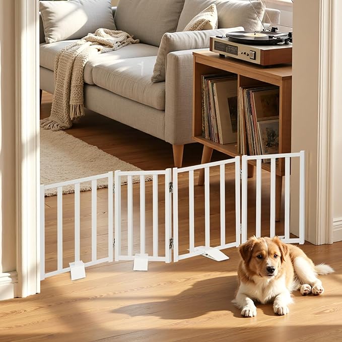 Snagle Paw Short Dog Gate,16.5" Tall Freestanding Metal Dog Gate Only for Small Dogs with Support Feet Easily Step Over,Up to 48" Wide Puppy Gate Indoor for Stairs,Doorways(White,4 Panel)