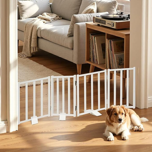 Snagle Paw Short Dog Gate,16.5" Tall Freestanding Metal Dog Gate Only for Small Dogs with Support Feet Easily Step Over,Up to 48" Wide Puppy Gate Indoor for Stairs,Doorways(White,4 Panel)