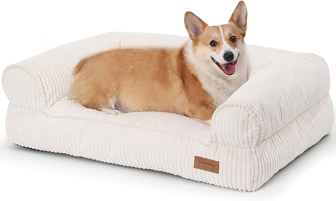 FUKUMARU Cute Dog Bed, Thickened Orthopedic Dogs Couch, 36in Egg Crate Foam Pet Sofa for Medium to Large Dogs, Waterproof Warm Corduroy Pet Bed with Washable Cover, Cream