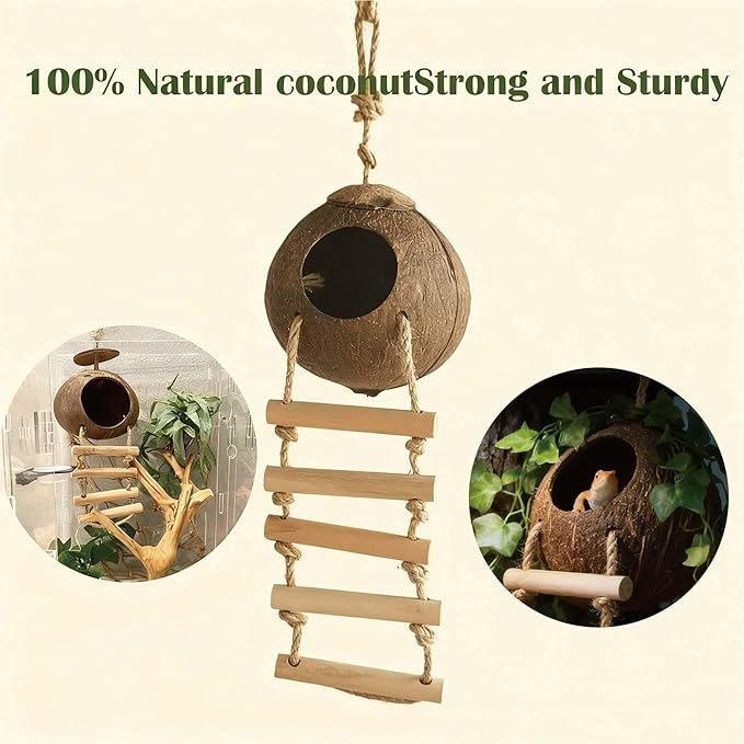 Leopard Gecko Tank Accessories. Reptile Hammock Vines Plants with Coconut Shell Ladder Hideout Hermit Crab Decor for Bearded Dragon Lizard Chameleon Crested Gecko Tortoise Snake
