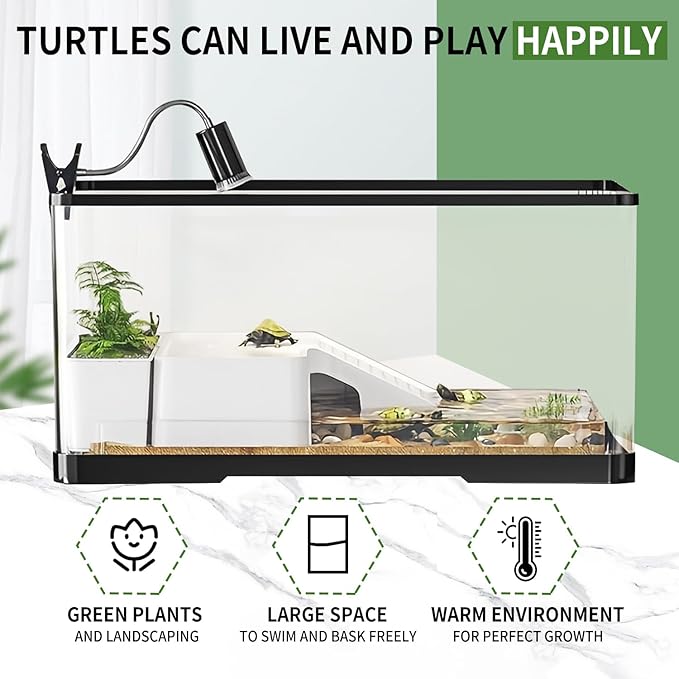 (Tank + Light + Filter Balls) Turtle Tank Kit, Turtle Tank Starter Kit,Bottom Drainage, Multi-Function Areas for Turtles, Crabs,Fishes, Amphibians,Reptiles (11.81 × 7.88 × 7.88 Inch)