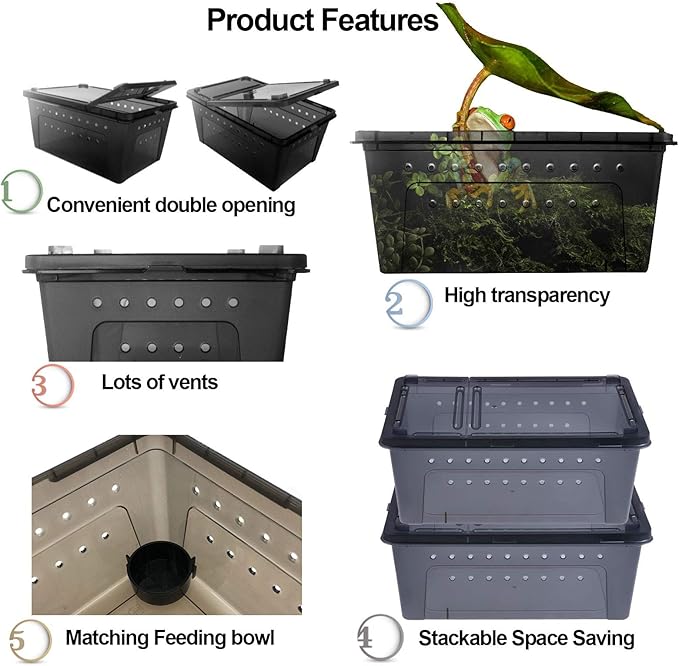 kathson Reptile Snake Feeding Box Portable Transparent Plastic Mini Pet Houses Breeding Hatching Container Lizard Tarantula Habitat for Spider Scorpion Gecko (Black)