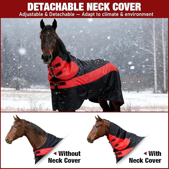 Horse Blankets Winter for Real Horses, 1600D Waterproof Poly Rain Sheets 78 in with Neck Cover Belly Wrap Tail Wrap Turnout Blanket, Stuff Care Medium Large Weight Heavy Outdoor Clothes Red Black