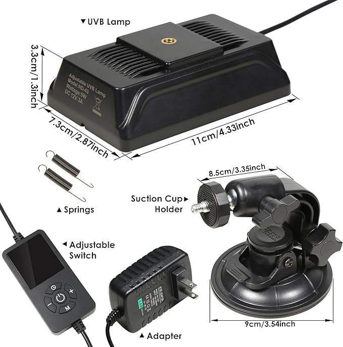 Adjustable LED Reptile UVB Light: Multi-Level UVB Control + Timer, No Fixed Weak Output. Secure Suction Cup Mount, Universal for Lizards, Turtles, Snakes, Amphibians
