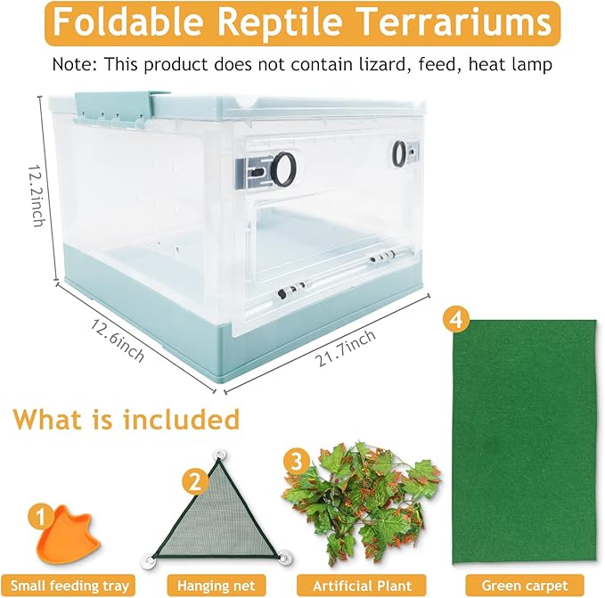 RunDuck Travel Portable Foldable Terrarium Kits for Reptiles -Heat-Resistant Material, Easy to Move with Wheels, Includes Plant, Feeding Bowl, and Carpet for Snakes, Lizards, Tortoises, and Leopard