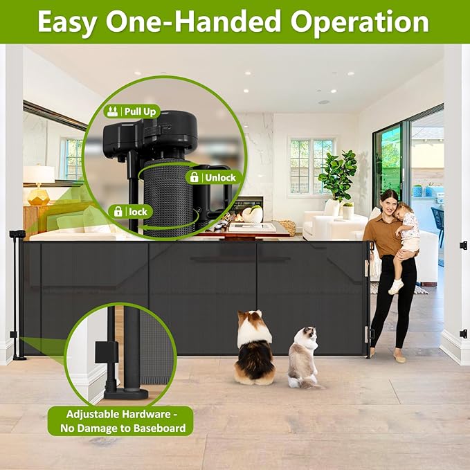Reinforced 42" Tall Retractable Baby Gates Extra Wide Dog Gate with Support Rods - Prevent Crawling Under, 175" Extra Long Baby Gate Tall Dog Gate Indoor Retractable Fence Outdoor Garage Gate, Black