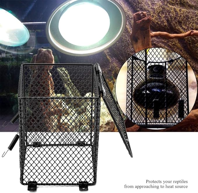 Reptile Lamp Cover, Iron Material, 6 Inch Height, Screws, Day Night Heating Ceramic Bulb, Cylinder Shape, for Reptile Lamps, with Pet Anti Scald Mesh (Rectangular)