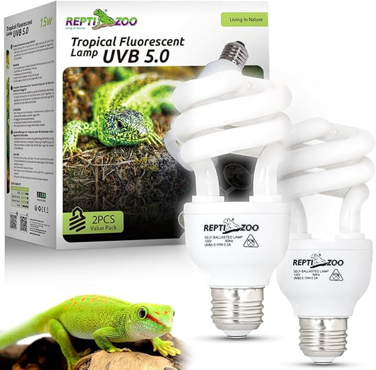 REPTI ZOO UVB Light for Tropical Reptile, 2 Pack 5.0 15W UVA UVB Reptile Light Bulb, UVB Lamp for Crested Gecko Leopard Gecko Frog Toad Snake Chameleon