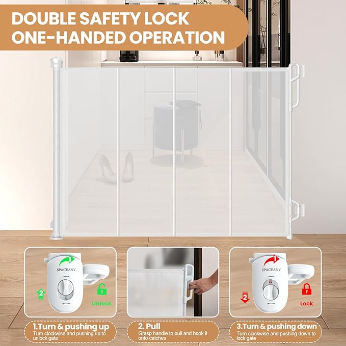Spaceany Reinforced Retractable Baby Gate or Mesh Dog Gate,Easy to Use for Stairs, Doorways, Hallways, Indoor, Outdoor, Wide Pet Gate 33.5" Tall, Extends to 45" Wide, White
