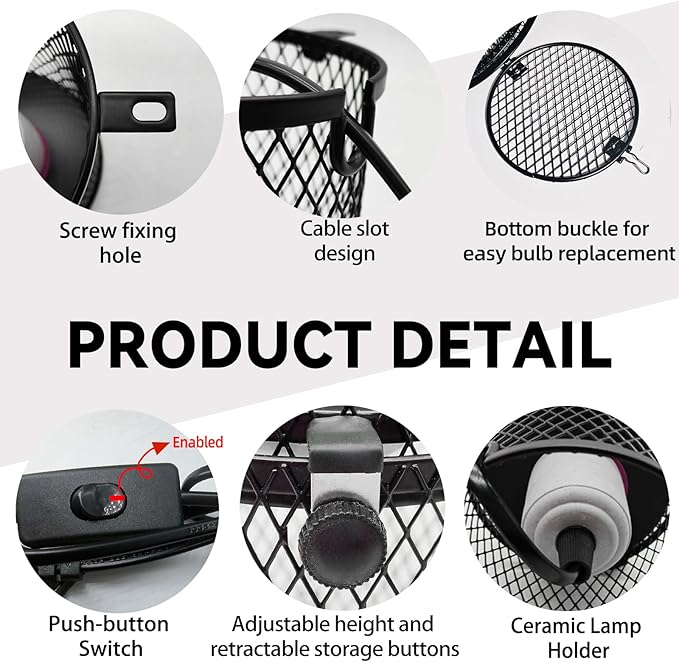 kathson Retractable Reptile Heat Lamp Guard,Reptile Anti-Scald Mesh Cage Protection Lampshades with Thermometers,Ceramic Heat Emitter Lamp Fixture Holder for Snake Lizard Turtle Frog,Without Bulb