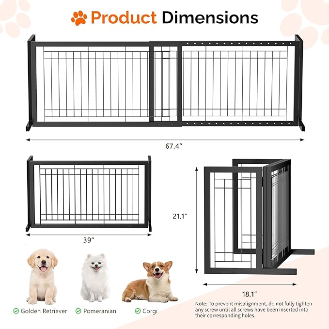 Bonnlo Free Standing Dog Gate, 37" - 68" Wide Pet Gate for Fireplace Stairs Doorways, Metal Adjustable Pet Fence Indoor, Christmas Tree Gate (Metal-Black)