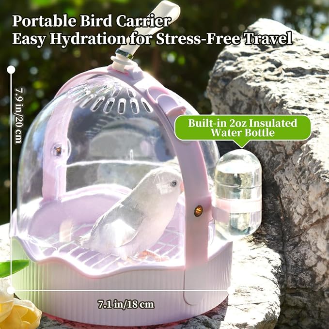 MANON ROSA Bird Carrier Cage with Water Bottle, Portable Travel Carry Case for Small Pets: Lovebird, Budgie, Parakeet, Cockatiel, Conures (Pink)