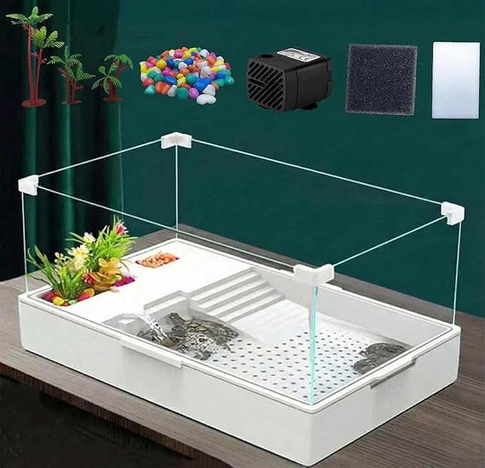 Acrylic Turtle Tank Aquarium with Quiet Water Pump, 3.96gallons, 360° View, Easy to Assemble, Durable for Small Turtles & Reptiles